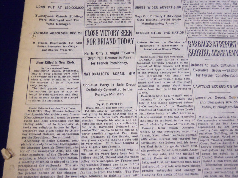 1931 MAY 13 NEW YORK TIMES - BRIAND VICTORY SEEN - NT 4131
