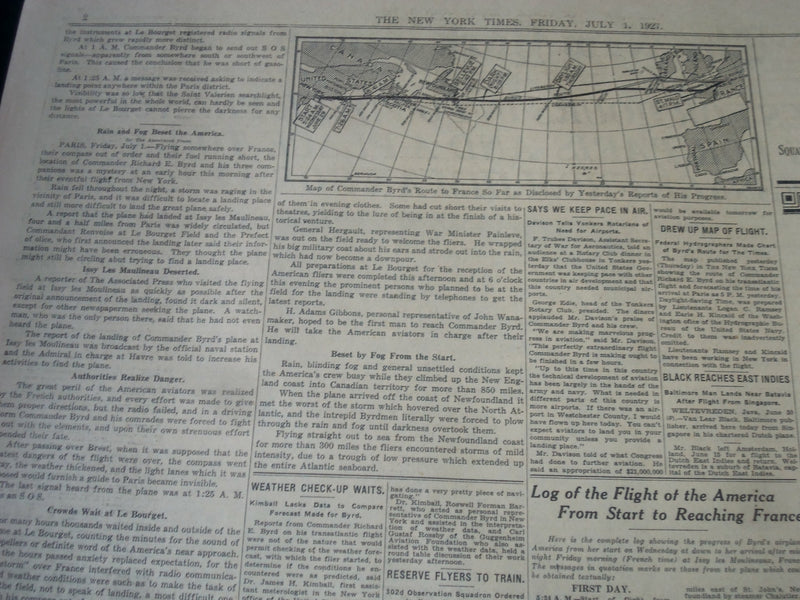 1927 JULY 1 NEW YORK TIMES - BYRD FLIES FOR HOURS IN FOG IN FRANCE - NT 7308