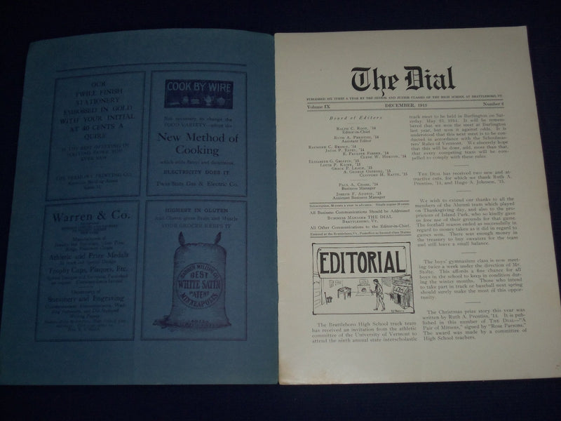 1913-1914 THE DIAL BRATTLEBORO HIGH SCHOOL MAGAZINE LOT OF 9 - INFO. - O 2339