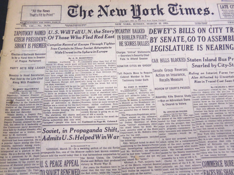 1953 MARCH 22 NEW YORK TIMES - ZAPOTOCKY NAMED CZECH PRESIDENT - NT 4621
