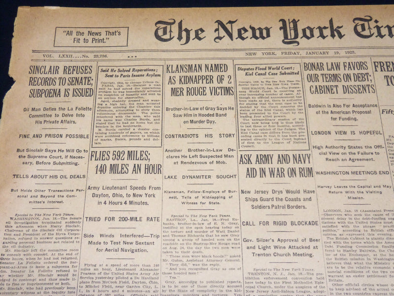 1923 JANUARY 19 NEW YORK TIMES - SINCLAIR REFUSES RECORDS TO SENATE - NT 7908