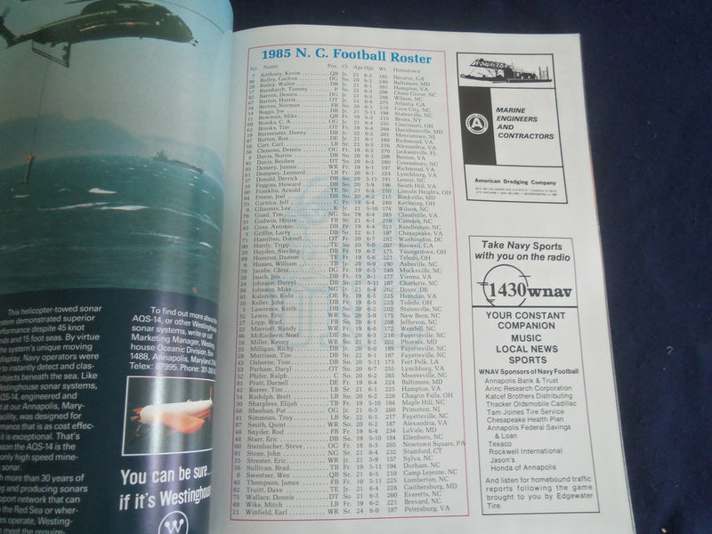 1985 SEP 7 COLLEGE FOOTBALL GAME PROGRAM -NAVY VS UNIV NORTH CAROLINA - ST 6044T