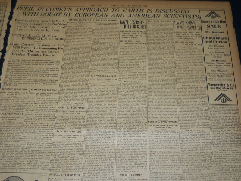 1910 MAY 16 THE BOSTON HERALD - PERIL IN COMET'S APPROACH TO EARTH - BH 359