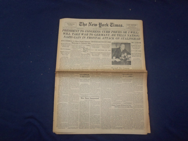 1942 SEP 8 NEW YORK TIMES-PRESIDENT TO CONGRESS: CURB PRICES OR I WILL - NP 6506
