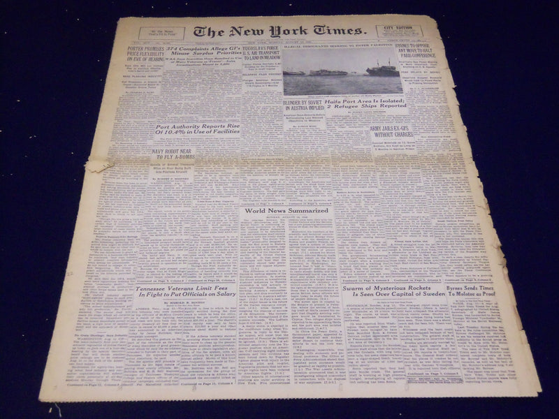 1946 AUGUST 12 NEW YORK TIMES - SHIPS WITH REFUGEES AT HAIFA HARBOR - NT 2632