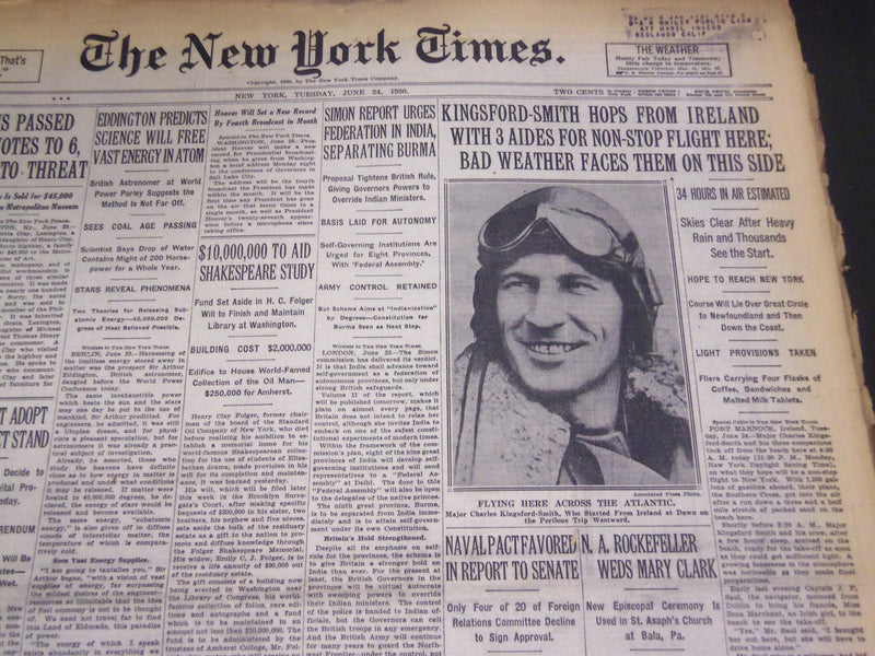 1930 JUNE 24 NEW YORK TIMES - KINGSFORD-SMITH HOPS FROM IRELAND - NT 4938