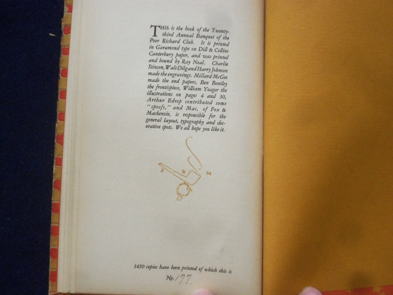 1928 THE POOR RICHARD CLUB BANQUET HARDCOVER BOOK - #177 OF 1450 - KD 8848