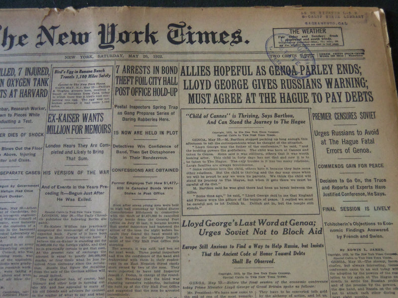 1922 MAY 20 NEW YORK TIMES - ALLIES HOPEFUL AS GENOA PARLEY ENDS - NT 5816