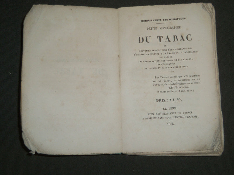 1856 PETITE MONOGRAPHIE DU TABAC BOOK - FRENCH - MONOGRAPHIES MONOPOLES - J 4763