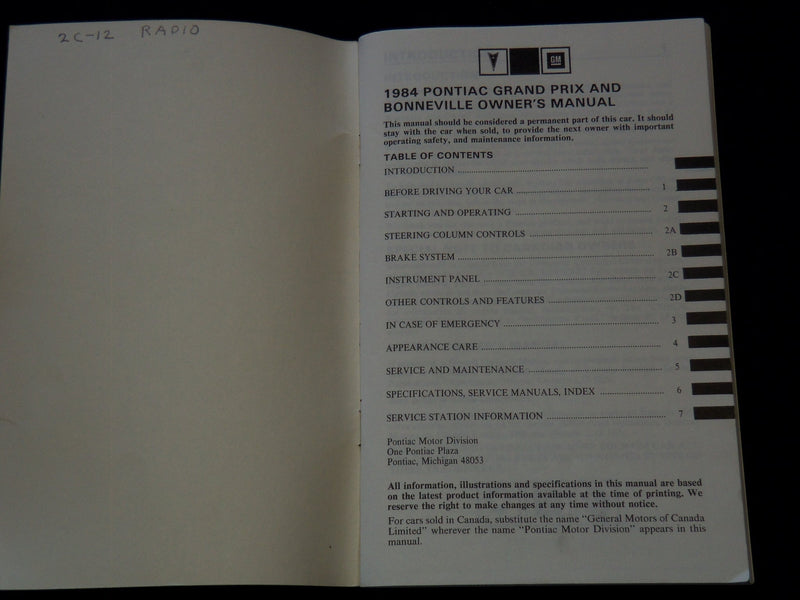 1984 PONTIAC GRAND PRIX BONNEVILLE OWNERS MANUAL - J 7328