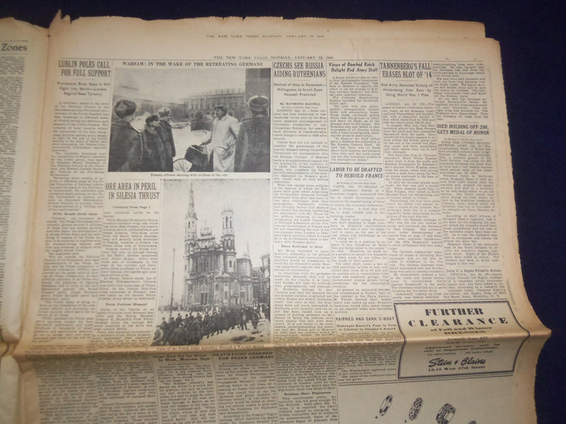 1945 JAN 22 NEW YORK TIMES -ALLIES NOW IN REICH PROPER IN EAST AND WEST- NP 6659