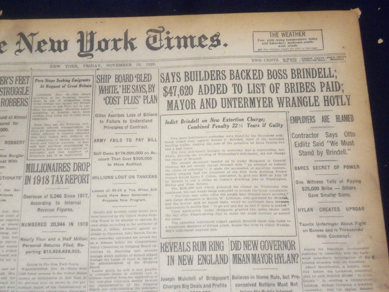 1920 NOVEMBER 19 NEW YORK TIMES - BUILDERS BACKED BOSS BRINDELL - NT 8467