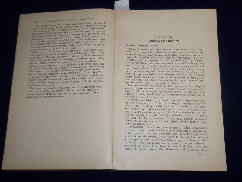 1909 TRANSPORTATION BY WATER IN THE U. S. REPORT PART 1 - WASHINGTON - KD 2759G