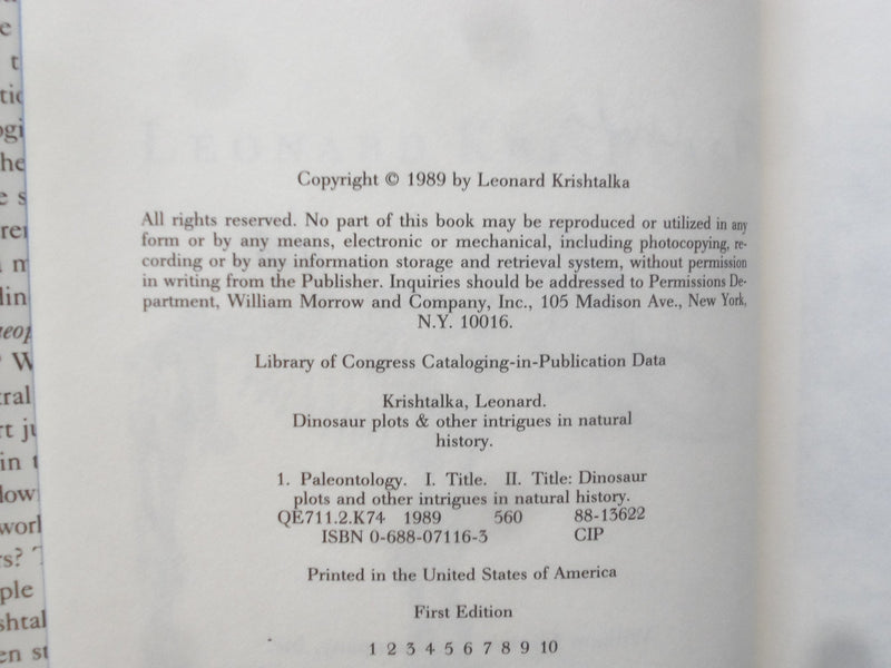 1989 DINOSAUR PLOTS HARDCOVER BOOK BY LEONARD KRISHTALKA - SIGNED - KD 9315