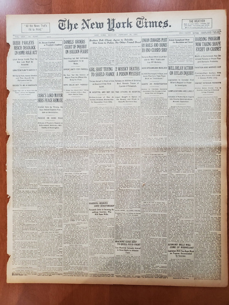 1921 JANUARY 10 NEW YORK TIMES-DANIELS ORDERS INQUIRY OF BALLOON FLIGHT- NT 8089