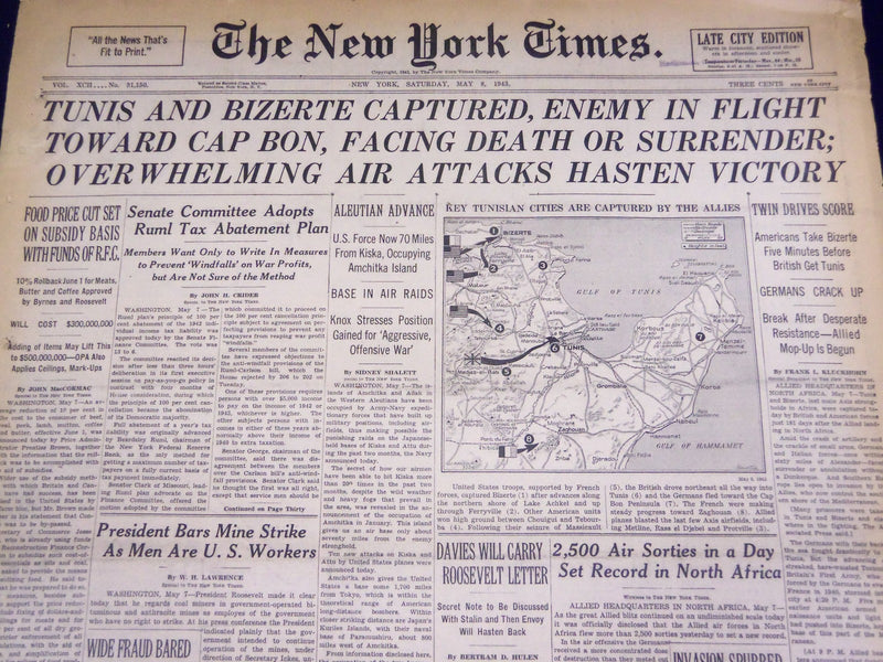 1943 MAY 8 NEW YORK TIMES - TUNIS & BIZERTE CAPTURED, ENEMY IN FLIGHT - NT 1045