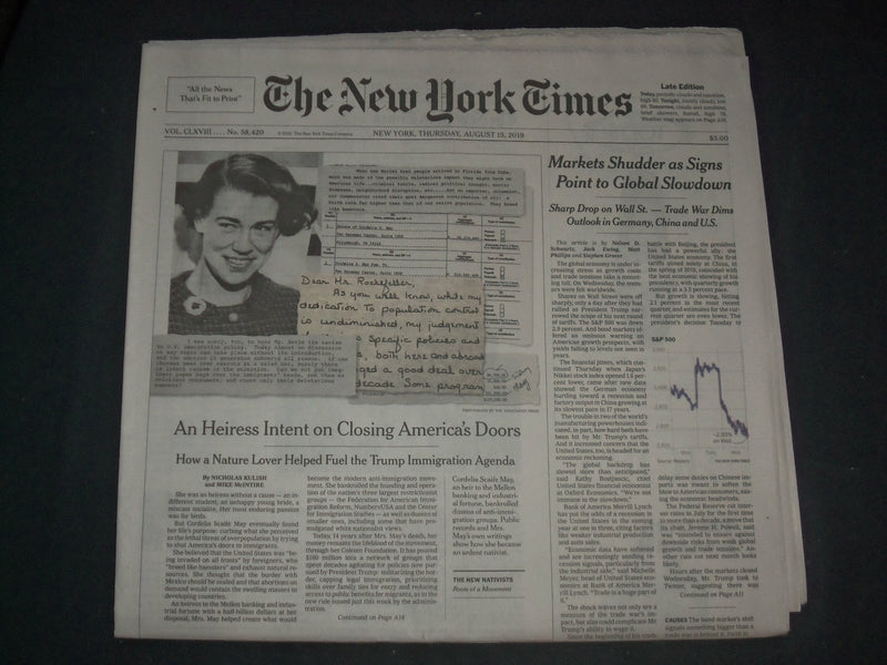 2019 AUGUST 15 NEW YORK TIMES- MARKETS SHUDDER AS SIGNS POINT TO GLOBAL SLOWDOWN