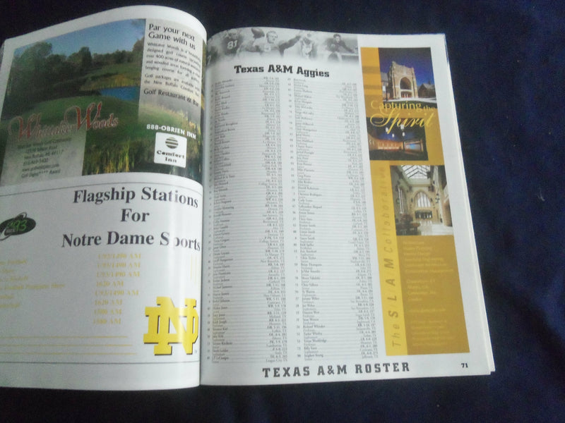 2000 SEPTEMBER 2 FOOTBALL PROGRAM - UNIV NOTRE DAME VS TEXAS A&M UNIV - SP 1213L