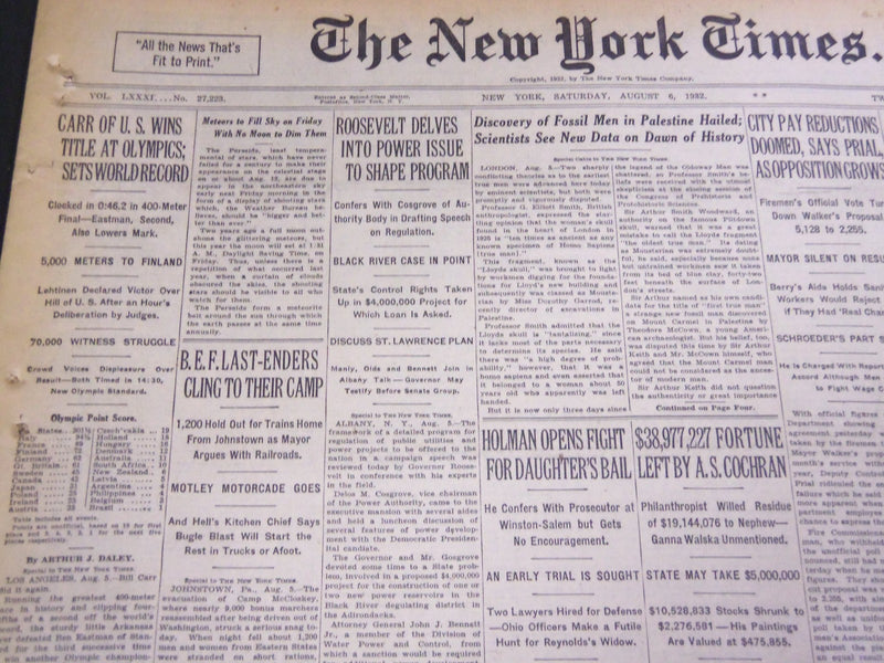 1932 AUG 6 NEW YORK TIMES - CARR OF U. S. SETS WORLD RECORD AT OLYMPICS- NT 4805