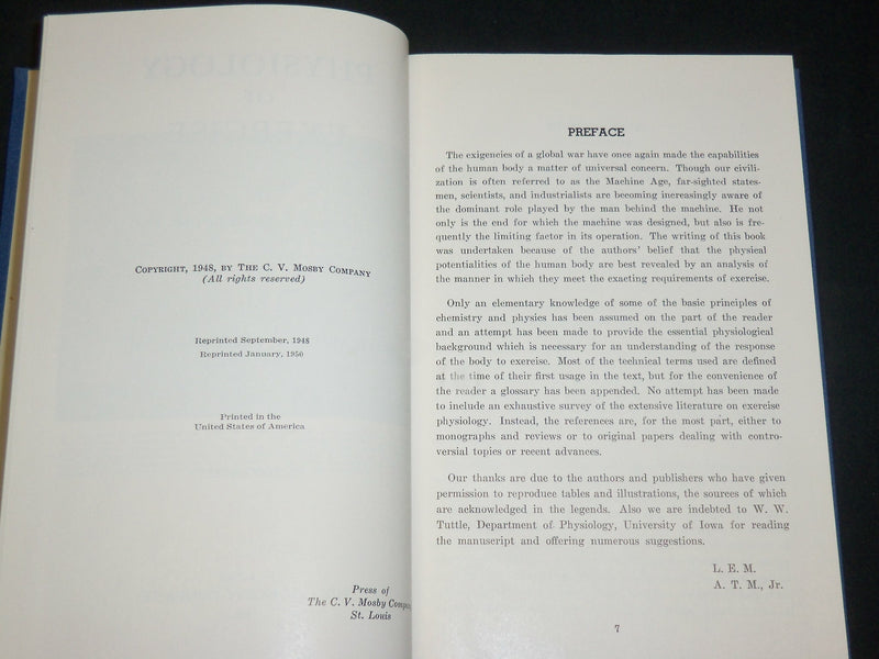 1948 PHYSIOLOGY OF EXERCISE HARDCOVER BOOK BY MOREHOUSE & MILLER - KD 2765W