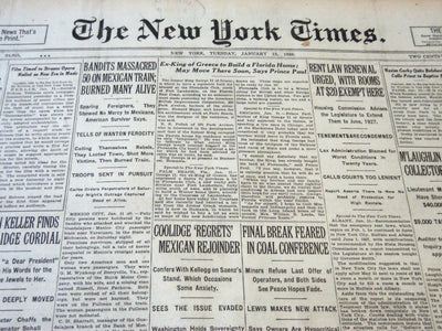 1926 JANAURY 12 NEW YORK TIMES - BANDITS MASSACRED 50 ON MEXICAN TRAIN - NT 5647