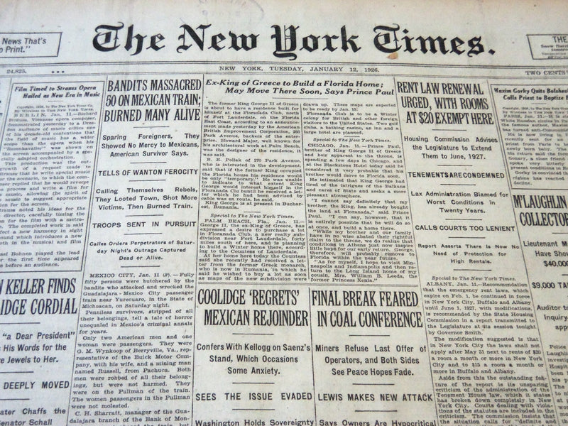 1926 JANAURY 12 NEW YORK TIMES - BANDITS MASSACRED 50 ON MEXICAN TRAIN - NT 5647