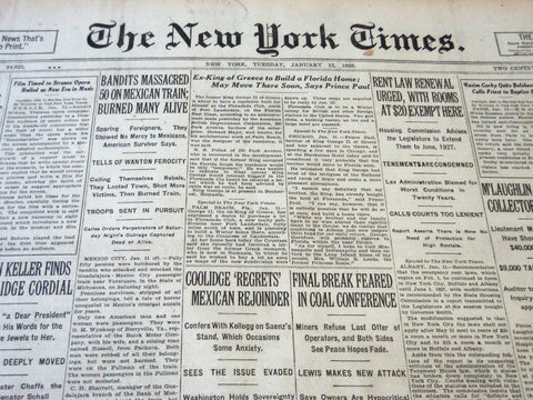1926 JANAURY 12 NEW YORK TIMES - BANDITS MASSACRED 50 ON MEXICAN TRAIN - NT 5647