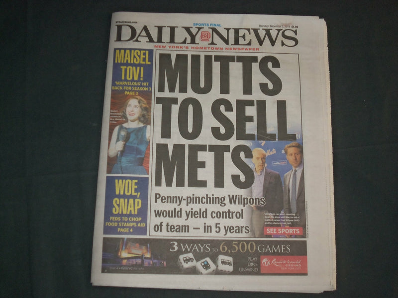 2019 DECEMBER 5 NEW YORK DAILY NEWS NEWSPAPER - WILPONS TO SELL NEW YORK METS