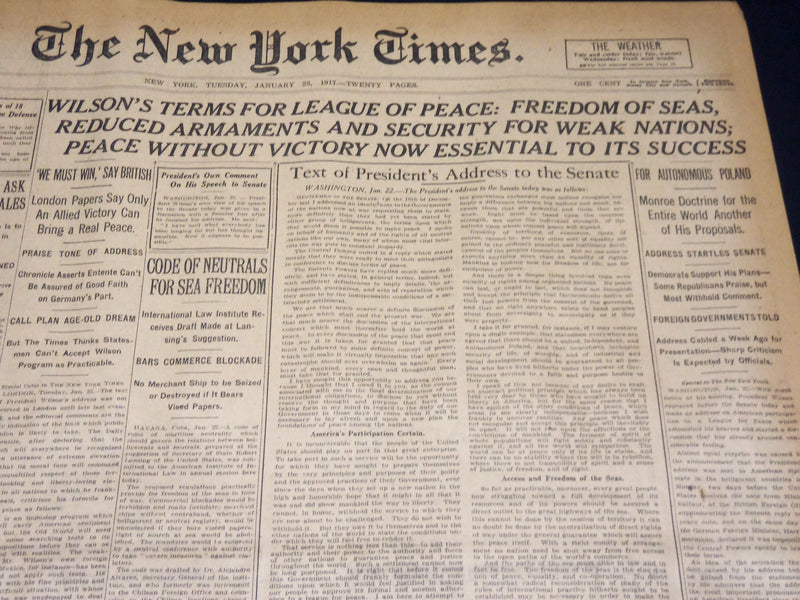 1917 JANUARY 23 NEW YORK TIMES - WILSON TERMS FREEDOM OF SEAS - NT 8753