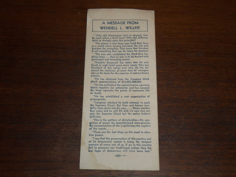 1940 DEMOCRATS FOR WILLKIE NATIONAL COMMITTEE PAMPHLET - NO THIRD TERM - K 1102
