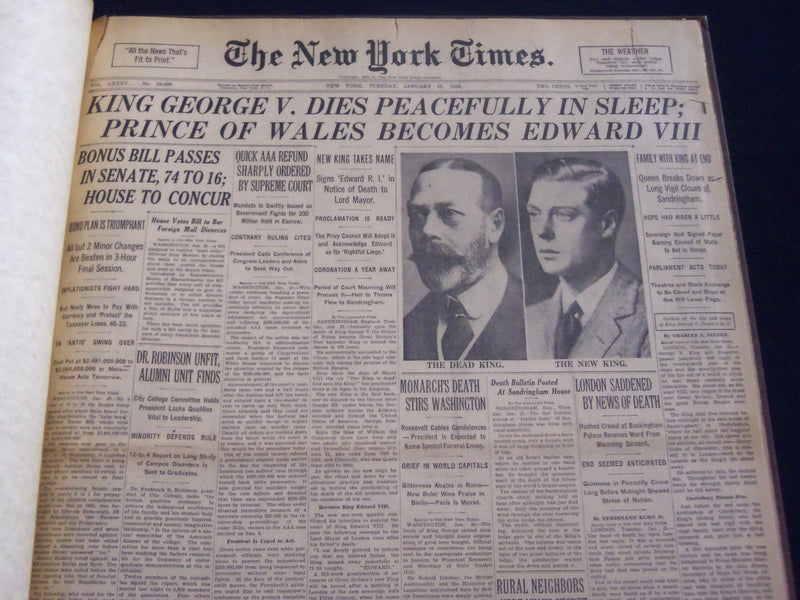 1936 JANUARY 21 NEW YORK TIMES - KING GEORGE V DIES PEACEFULLY IN SLEEP- NT 7215