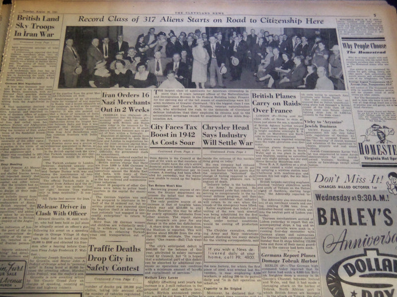 1941 AUGUST 26 CLEVELAND NEWS NEWSPAPER - NINTH PLACE AS SAFEST CITY - NT 7408