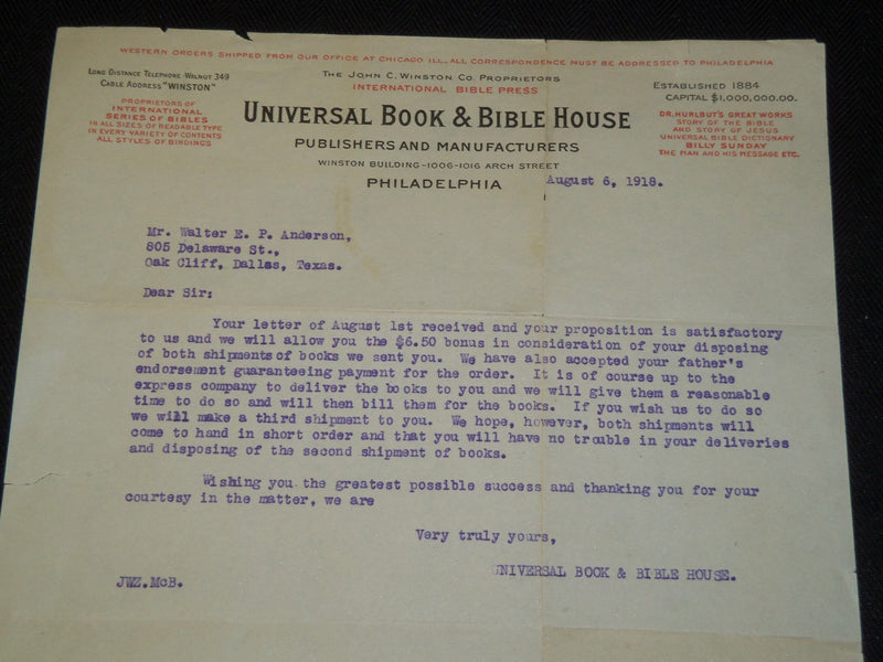 1918 UNIVERSAL BOOK & BIBLE HOUSE TYPED LETTER - PHILADELPHIA - J 5354
