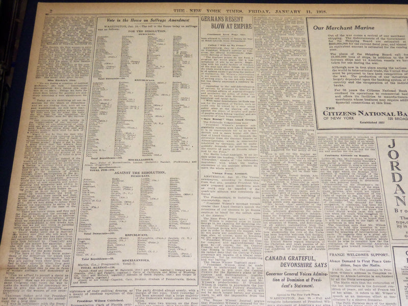 1918 JANUARY 11 NEW YORK TIMES - HOUSE FOR SUFFRAGE 274 TO 136 - NT 7920