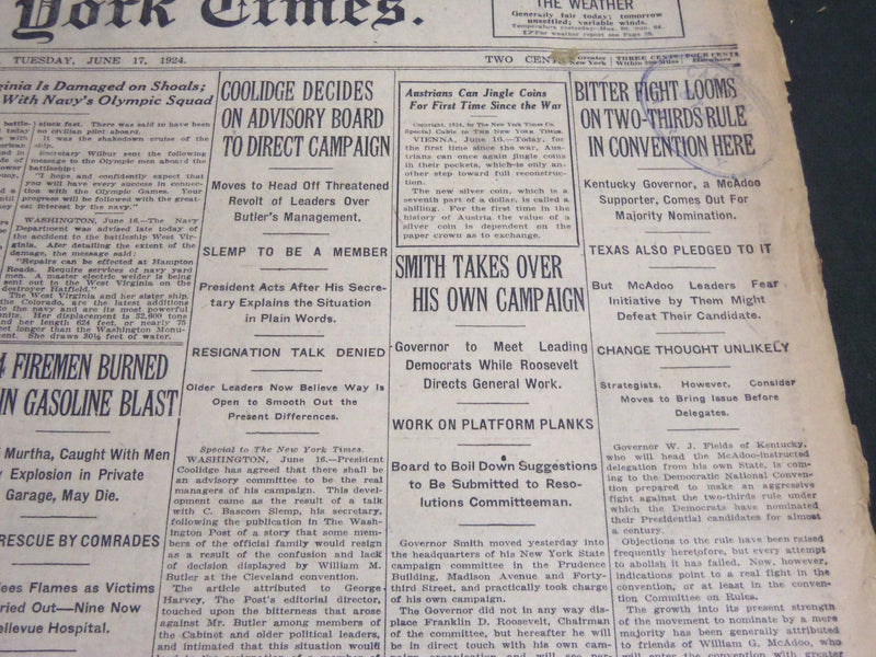 1924 JUNE 17 NEW YORK TIMES - SMITH TAKES OVER HIS OWN CAMPAIGN - NT 6856