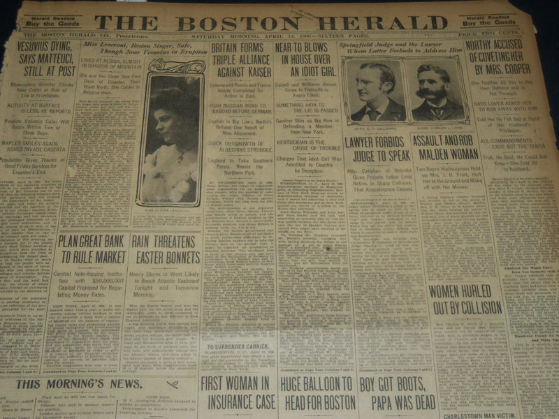 1906 APRIL 14 THE BOSTON HERALD NEWSPAPER - VESUVIUS DYING SAY MATTEUCI - BH 273