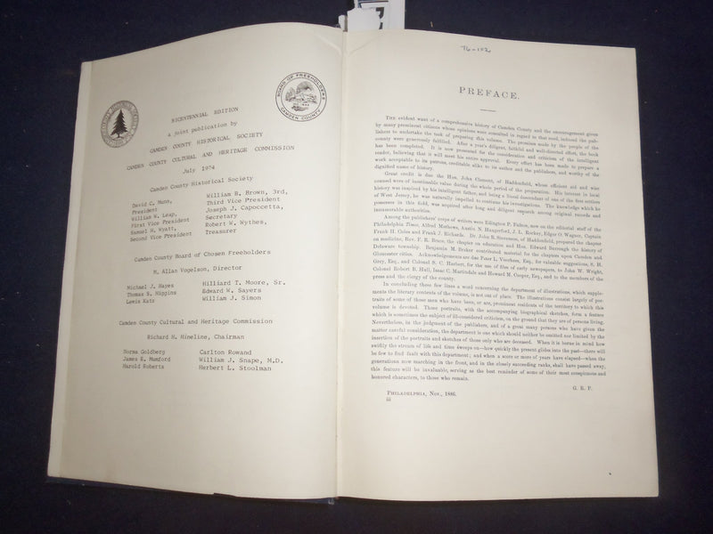 1974 THE HISORY OF CAMDEN COUNTY BICENTENNIAL EDITION HARDCOVER BOOK - KD 9086