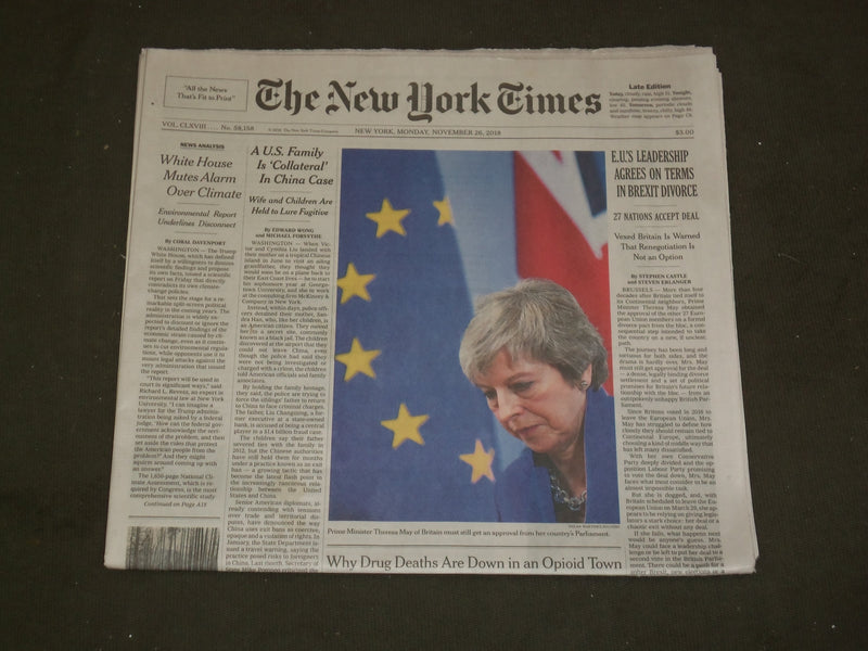 2018 NOVEMBER 26 NEW YORK TIMES - EU LEADERSHIP AGREES ON TERMS IN BEXIT DIVORCE