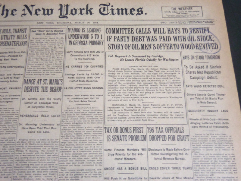 1924 MARCH 20 NEW YORK TIMES - COMMITTEE CALLS WILL HAYS TO TESTIFY - NT 6824