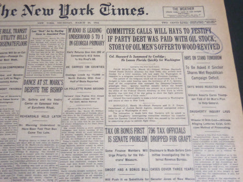 1924 MARCH 20 NEW YORK TIMES - COMMITTEE CALLS WILL HAYS TO TESTIFY - NT 6824