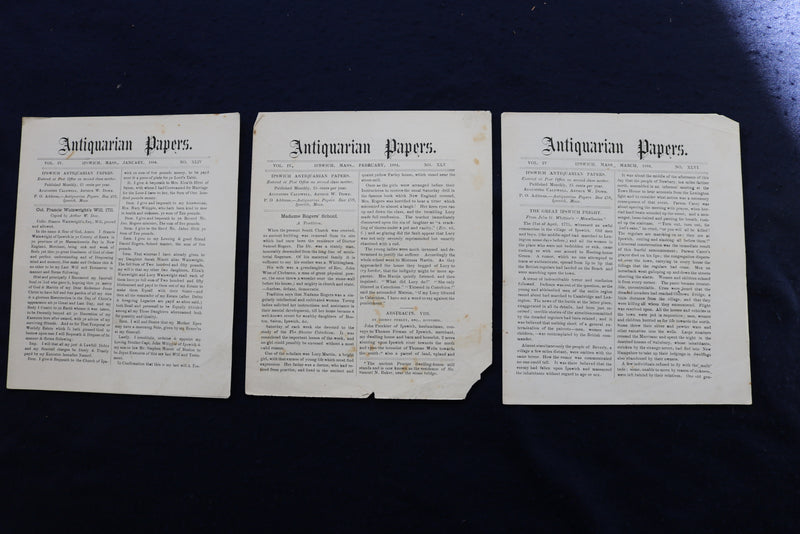 1879-1885 ANTIQUARIAN PAPERS - IPSWICH, MASSACHUSETTS - LOT OF 34 - K 780