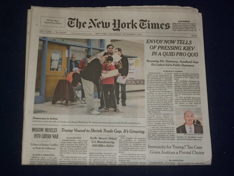 2019 NOVEMBER 6 NEW YORK TIMES - ENVOY TELLS OF PRESSING KIEV IN A QUID PRO QUO