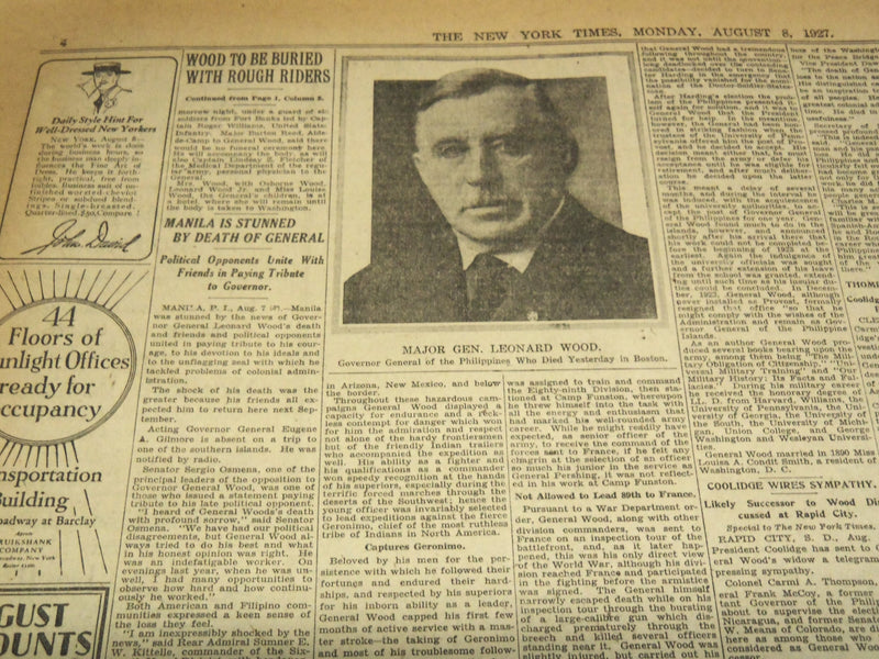 1927 AUGUST 8 NEW YORK TIMES - SACCO STRIKE HERE - RONARD WOOD DEAD - NT 9562