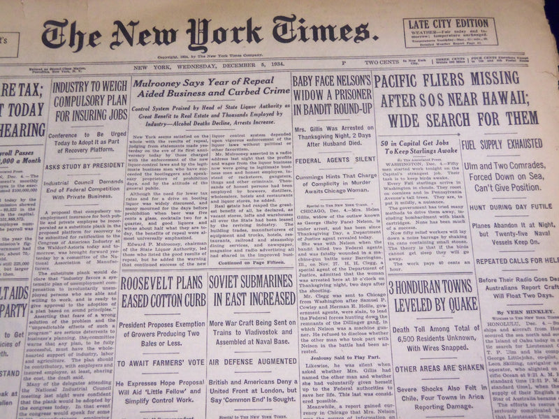 1934 DEC 5 NEW YORK TIMES PACIFIC FLIERS MISSING AFTER SOS NEAR HAWAII - NT 1628