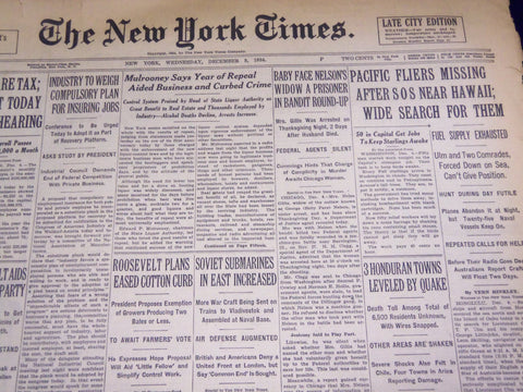 1934 DEC 5 NEW YORK TIMES PACIFIC FLIERS MISSING AFTER SOS NEAR HAWAII - NT 1628