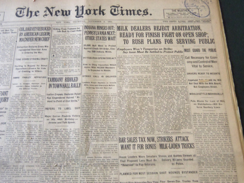 1921 NOVEMBER 3 NEW YORK TIMES - MILK DEALERS REJECT ARBITRATION - NT 6148