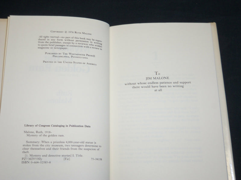 1976 MYSTERY OF THE GOLDEN RAM HARDCOVER BOOK INSCRIBED BY RUTH MALONE - D 409