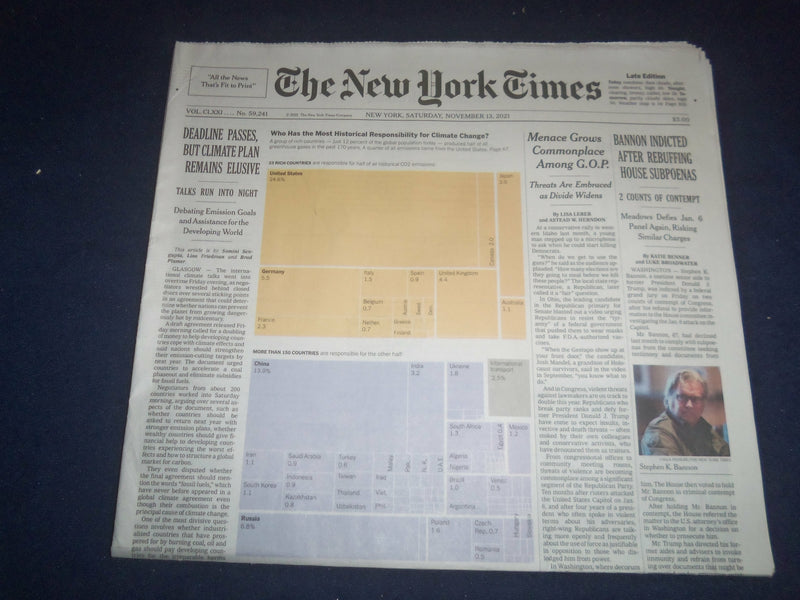 2021 NOVEMBER 13 NEW YORK TIMES -BANNON INDICTED AFTER REFUFFING HOUSE SUBPOENAS