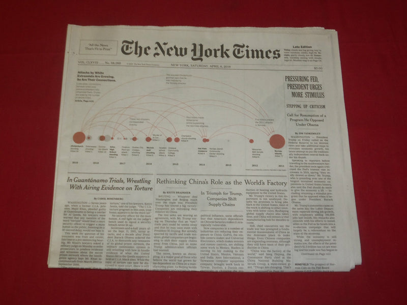 2019 APRIL 6 NEW YORK TIMES - PRESSURING FED, PRESIDENT URGES MORE STIMULUS