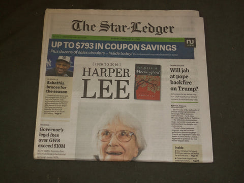 2016 FEBRUARY 21 STAR LEDGER NEWSPAPER - HARPER LEE DIED - 1926-2016